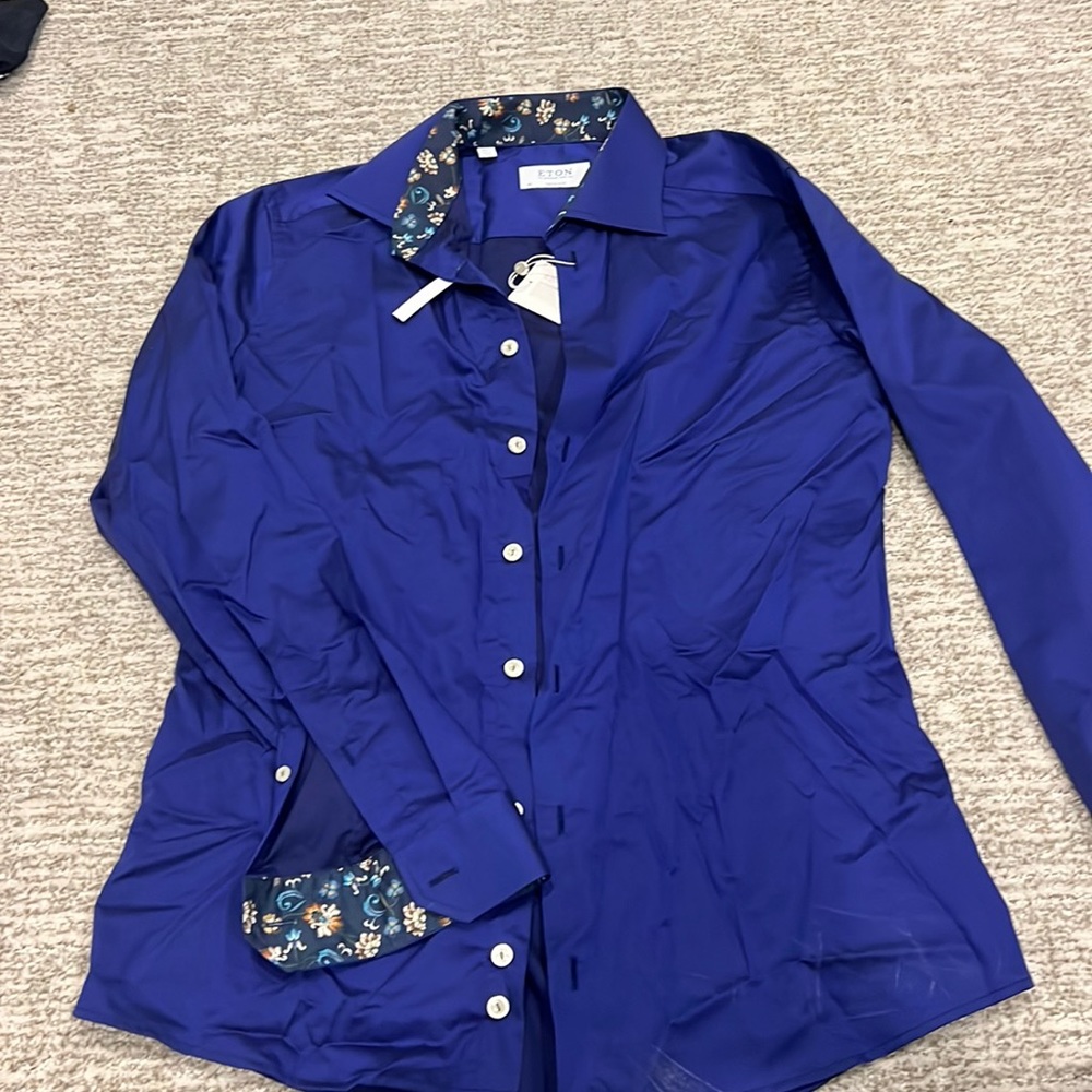 Men’s eton button up shirt navy blue slim fit medium m